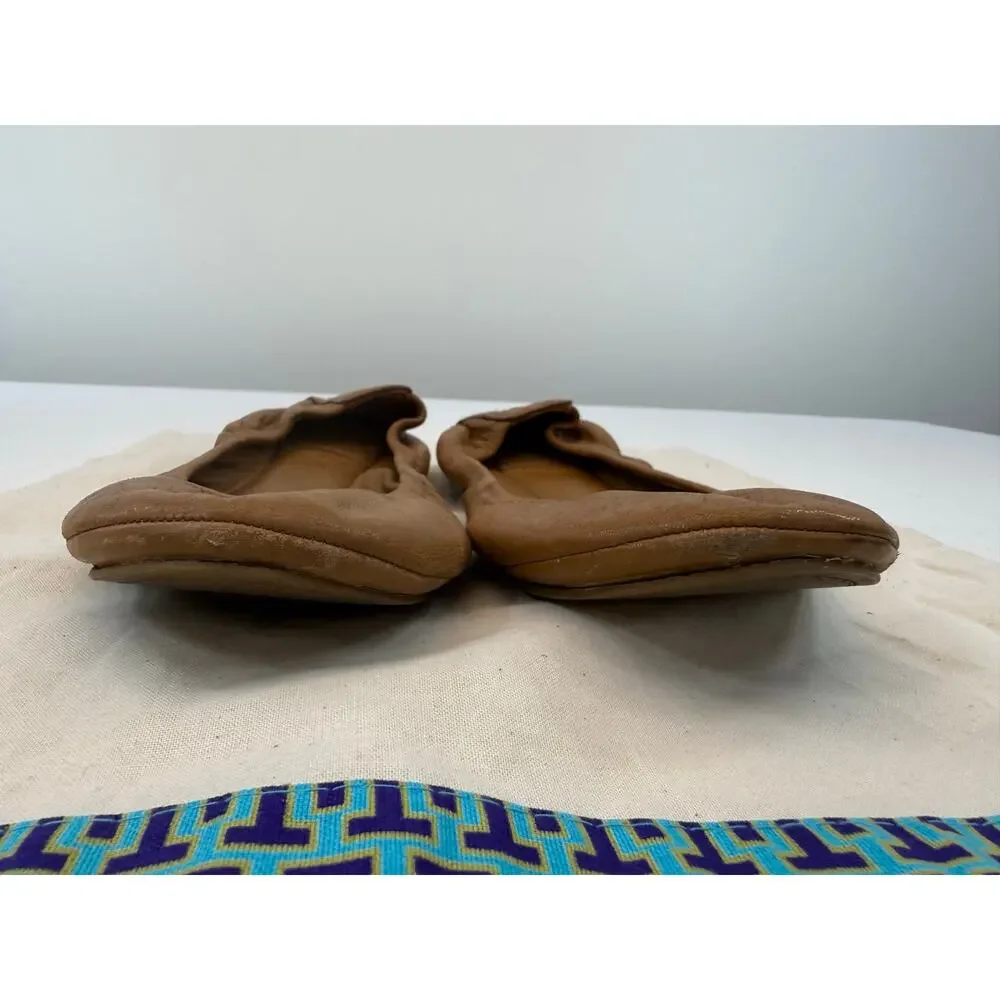 Tory Burch Eddie Leather Ballet Flats Camel Tan Size 8 Logo Foldable Flats